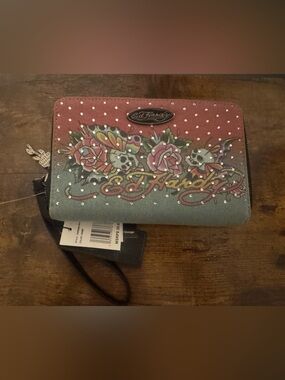 Ed Hardy Ombre Skull & Rose Wristlet - Teal to Red with White Studs